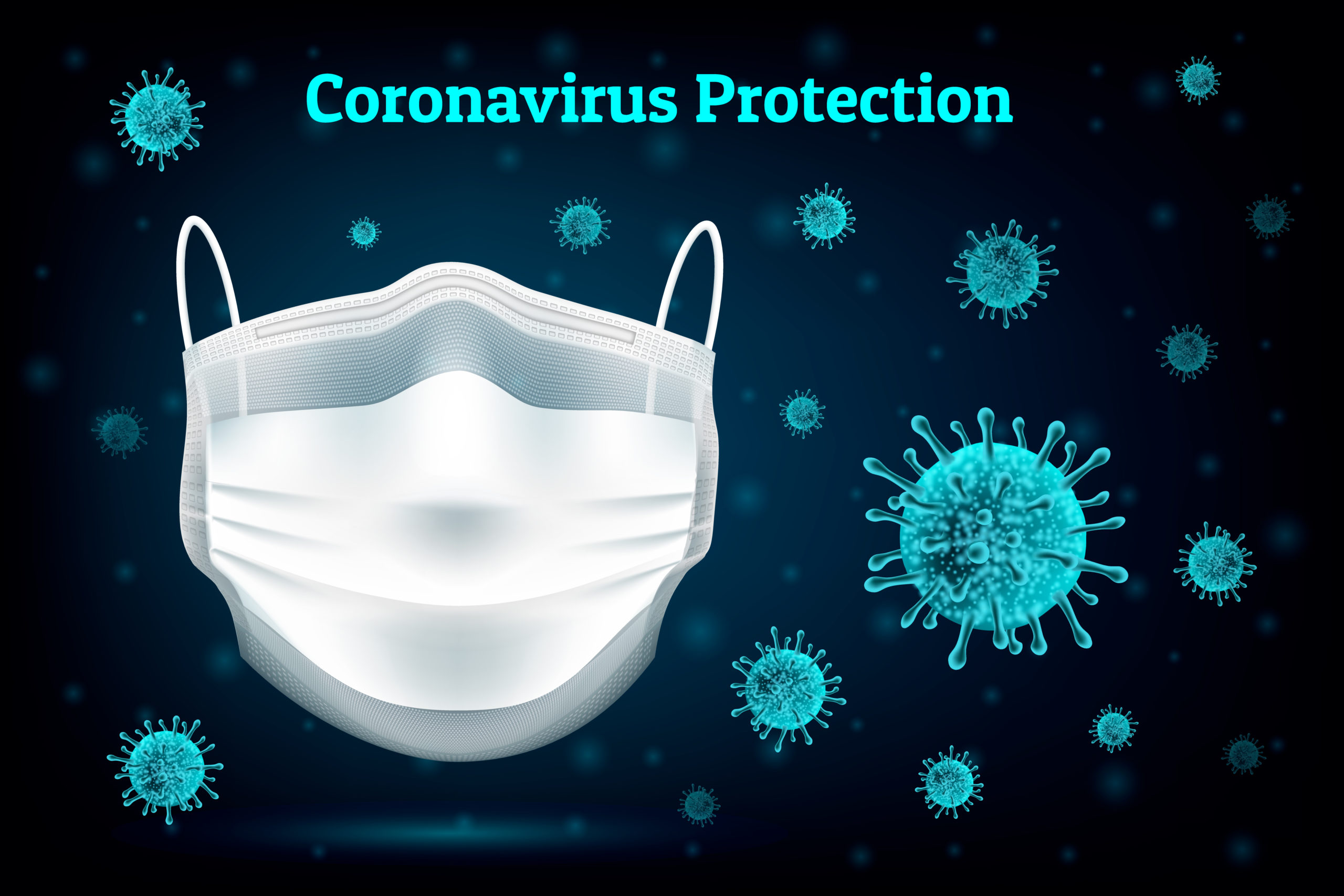 Coronavirus protection medical mask. Concept of protection against influenza, Asian virus infection. Realistic abstract illustration on a dark background with a neon effect. Vector.